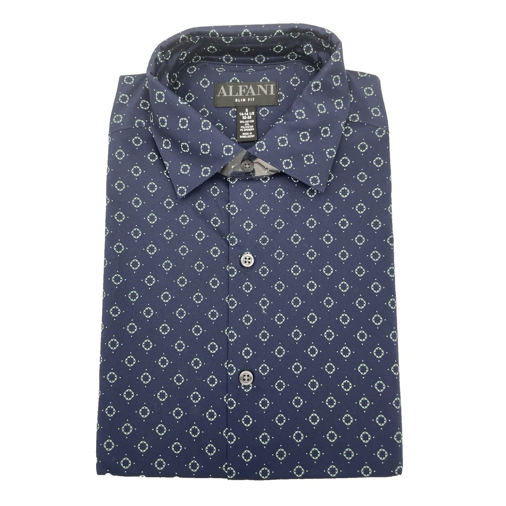 NWT Alfani Men's Slim Fit Print Dress Shirt Blue 14-14.5 32-33 Sz Small New